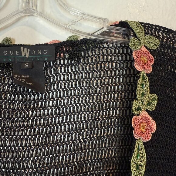 Sue Wong Vintage Black Cardigan Open Sweater Crochet Beaded Cottagecore Small - Picture 9 of 11